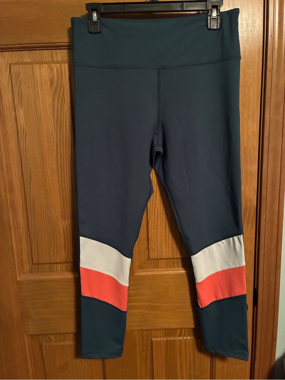 Zyia Colorblock Navy Active Capri Leggings with Coral & White Accents